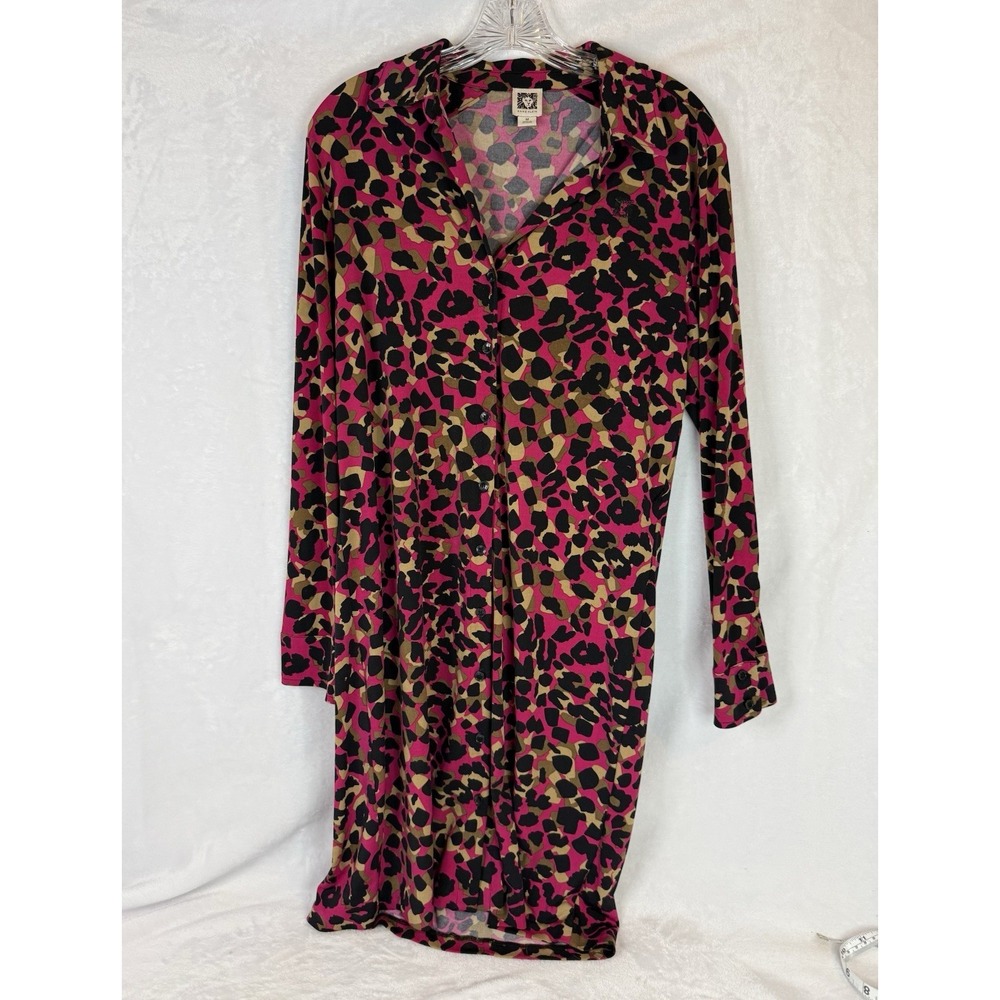 Anne Klein Leopard Shirt Dress Pink Black Midi Button Front Stretch M READ